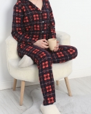 Düğmeli Süet Pijama Takımı Lacivertkırmızı - 30244.1050.