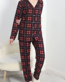 Düğmeli Süet Pijama Takımı Lacivertkırmızı - 30244.1050.