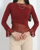 Tül Geçişli Bluz Bordo - 40321.1918.