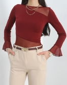 Tül Geçişli Bluz Bordo - 40321.1918.