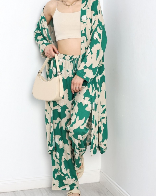 Desenli Kimono Takım Yeşilbej - 19767.1247.