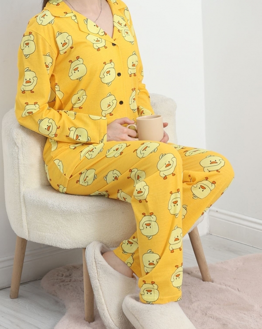 Desenli Düğmeli Pijama Takımı Sarı - 40326.1928.