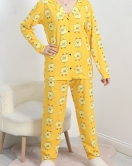 Desenli Düğmeli Pijama Takımı Sarı - 40326.1928.
