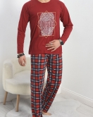 Baskılı Erkek Pijama Takımı Bordo - 40282.1838.