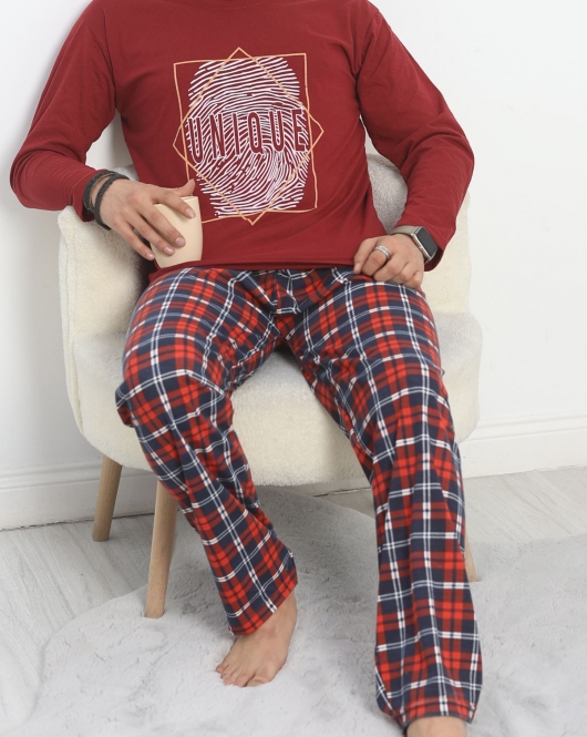 Baskılı Erkek Pijama Takımı Bordo - 40282.1838.