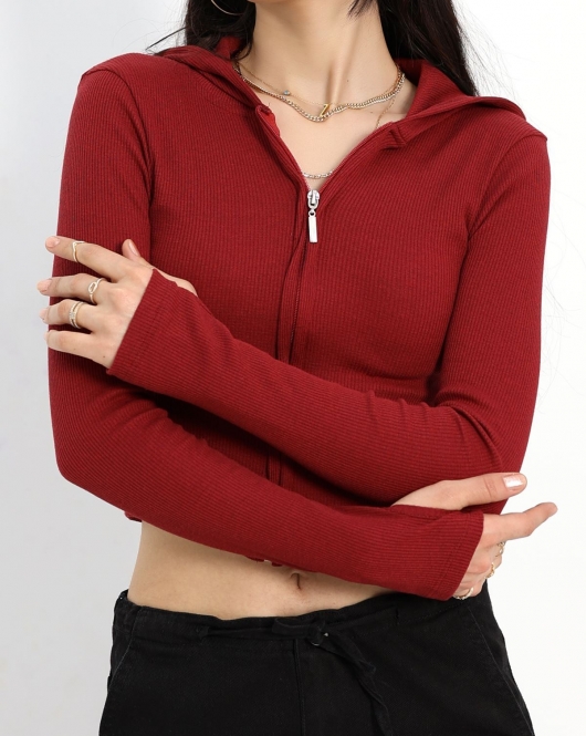 Kapşonlu Parmak Geçmeli Body Bordo - 40271.1748.