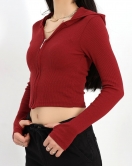 Kapşonlu Parmak Geçmeli Body Bordo - 40271.1748.