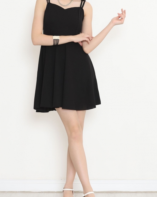 İnce Askılı Kloş Mini Elbise Siyah - 582130.1592.