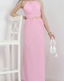 İnce Askılı Bel Detaylı Elbise Pembe - 40451.1966.