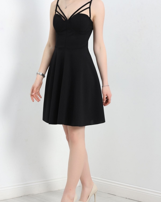 Çift Askılı Balen Detaylı Mini Elbise Siyah - 582496.1592.
