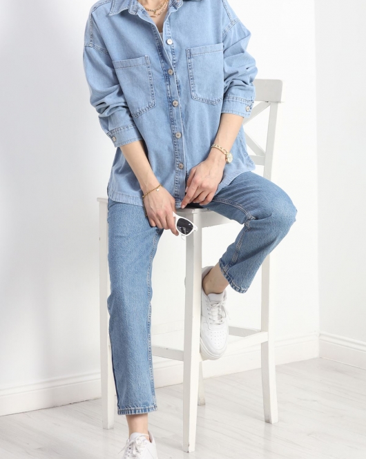 Oversize Çift Cepli Kot Ceket Açıkmavi - 60055.1946.