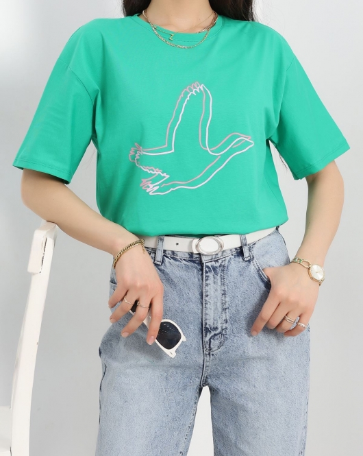 Baskılı Oversize Tişört Yeşil - 22609.1878.