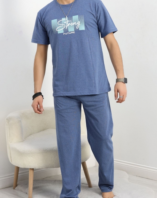 Baskılı Erkek Pijama Takımı İndigo - 40414.1961.