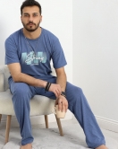 Baskılı Erkek Pijama Takımı İndigo - 40414.1961.