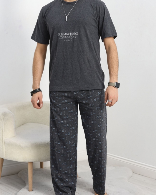 Baskılı Erkek Pijama Takımı Antrasit - 40413.1961.