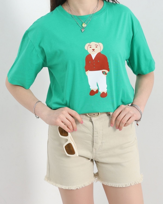 Baskılı Oversize Tişört Yeşil - 22615.1878.