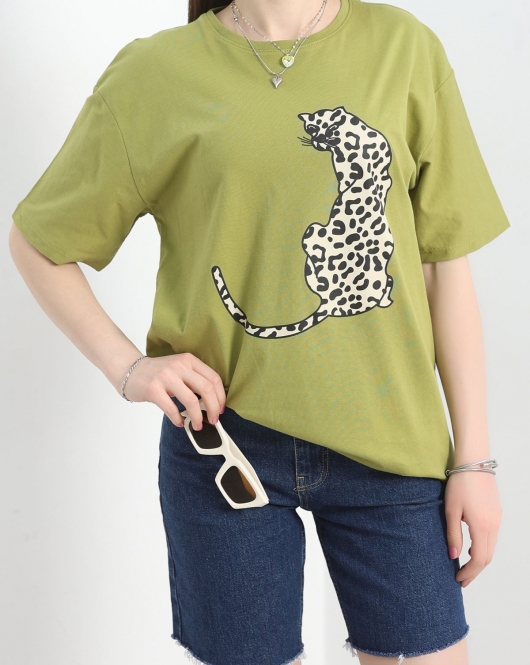 Baskılı Oversize Tişört Yağyeşili - 22604.1878.