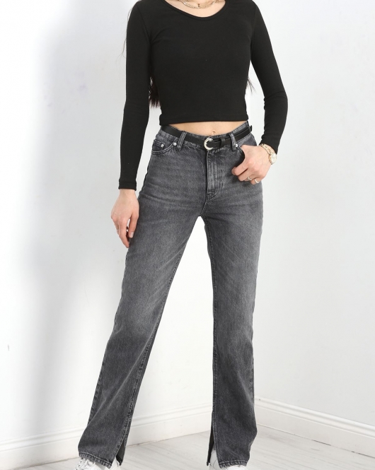 Paça İçten Yırtmaçlı Straight Jean Füme - 30361.1968.