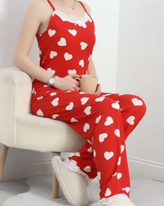 Baskılı İp Askılı Pijama Takımı Kırmızıkalp - 320.1287.