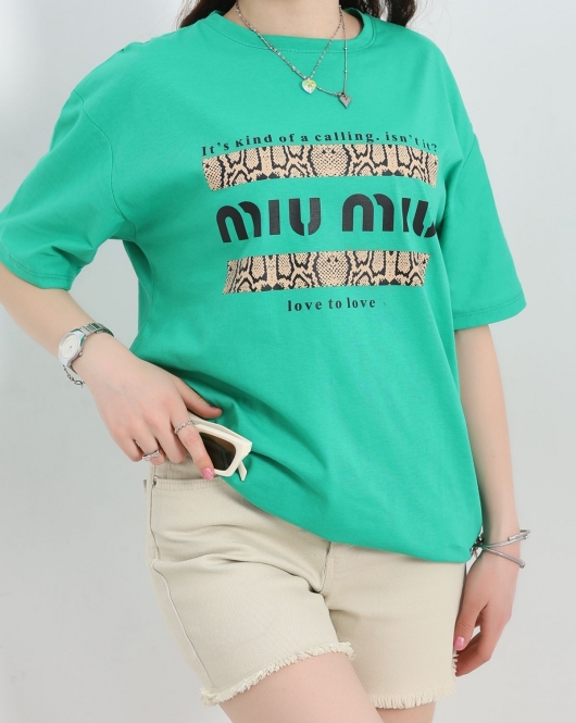 Baskılı Oversize Tişört Yeşil - 22608.1878.