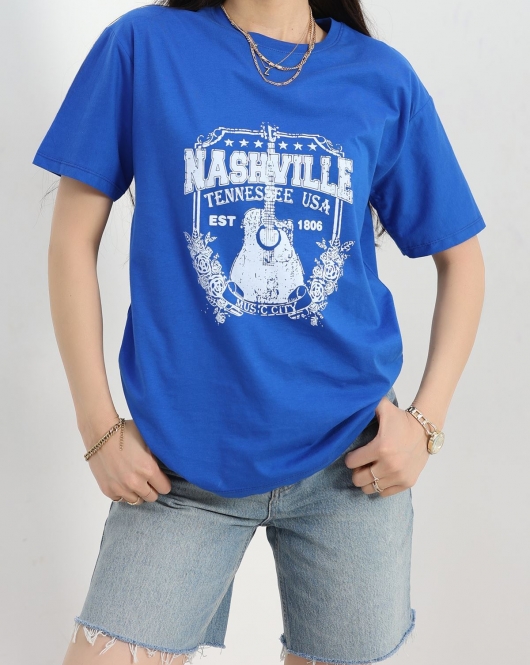 Baskılı Oversize Tişört Saks - 22619.1878.