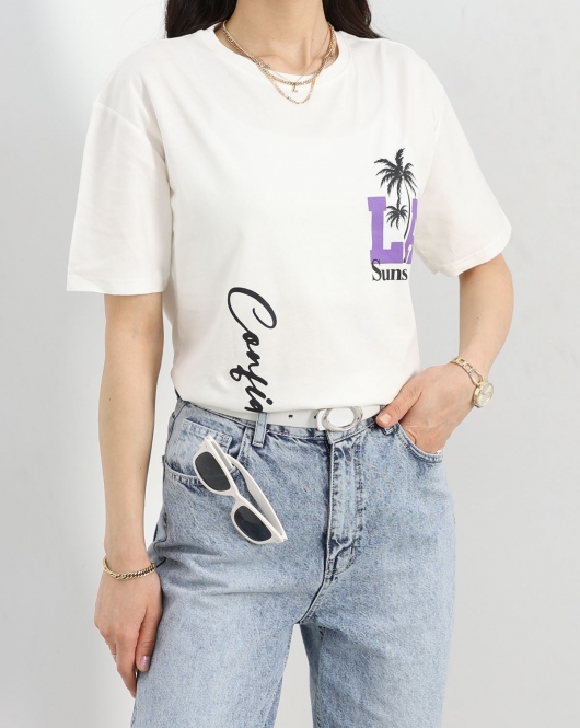 Baskılı Oversize Tişört Ekru - 22602.1878.