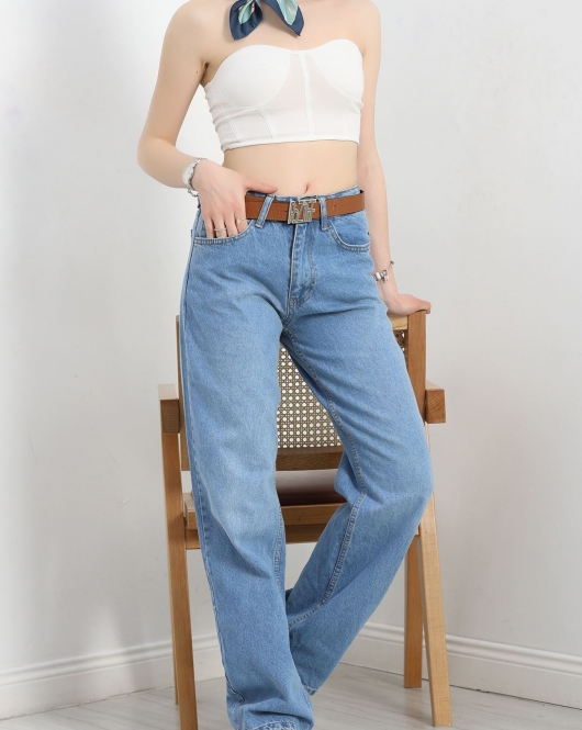 Kemerli Straight Kot Pantolon Açıkmavi - 30394.1975.
