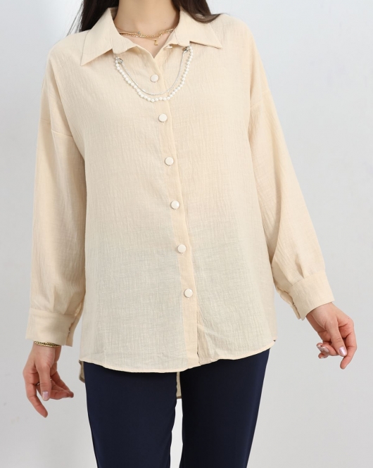 Kolyeli Oversize Tunik Gömlek Bej - 1207.1289.