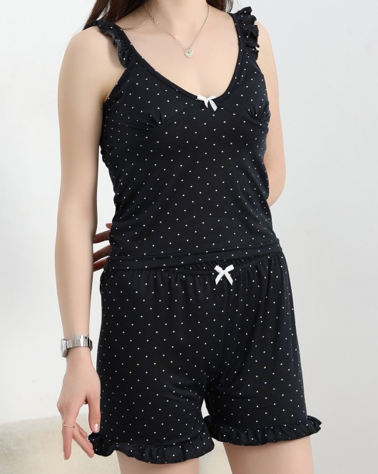 Milan Kumaş Fırfırlı Şortlu Pijama Takımı Siyahpuanlı - 50166.1857.