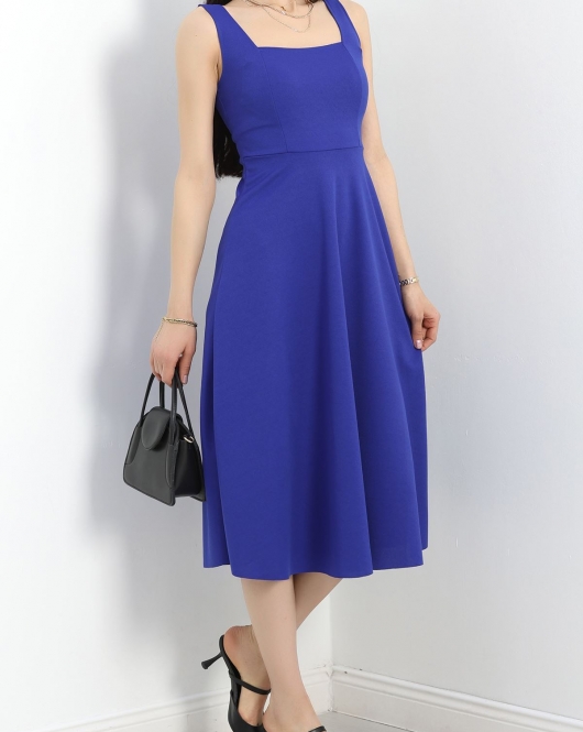 Kare Yaka Midi Elbise Saks - 583208.1592.