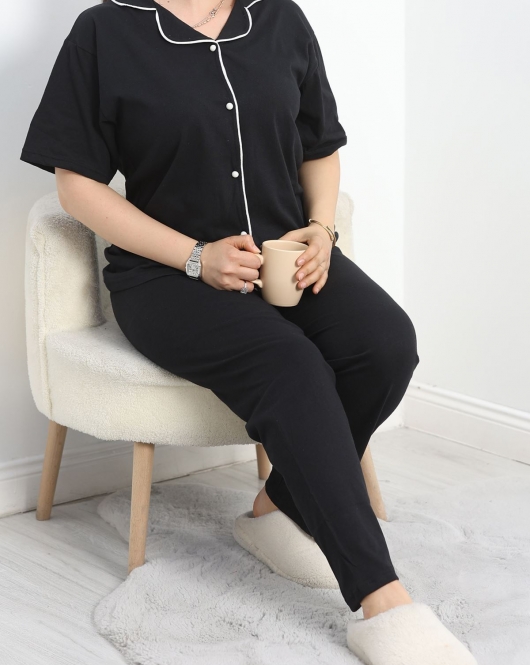Büyük Beden Biyeli Pijama Takımı Siyah - 50164.1952.