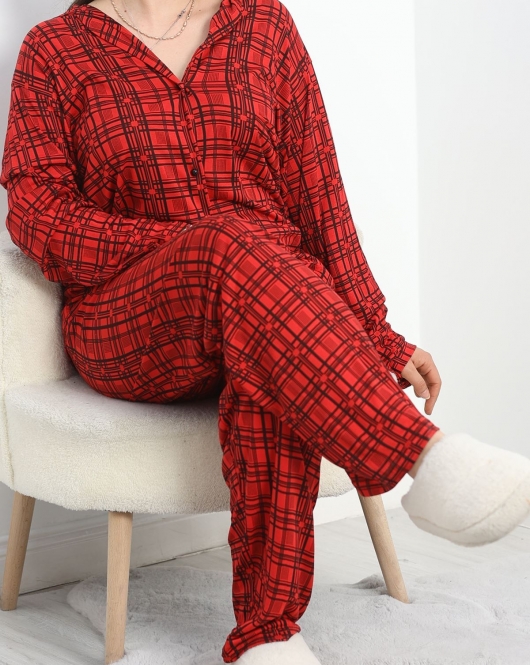 Düğmeli Viskon Battal Pijama Takımı Kırmızıekose - 40407.1950.