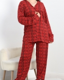 Düğmeli Viskon Battal Pijama Takımı Kırmızıekose - 40407.1950.