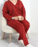 Düğmeli Viskon Battal Pijama Takımı Kırmızıekose - 40407.1950.