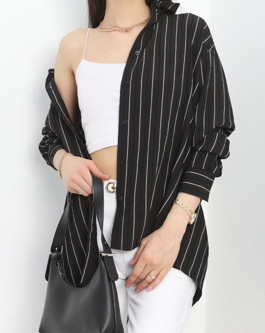 Çizgili Oversize Gömlek Siyah - 30497.308.