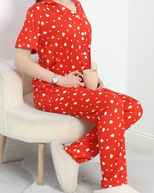 Milan Kumaş Düğmeli Pijama Takımı Kırmızıkalp - 50145.1857.