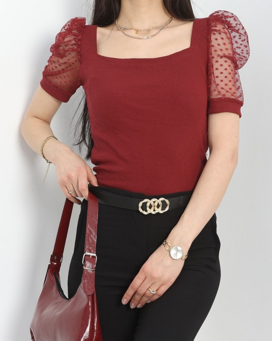 Kol Tül Detaylı Kaşkorse Bluz Bordo - 40252.1960.