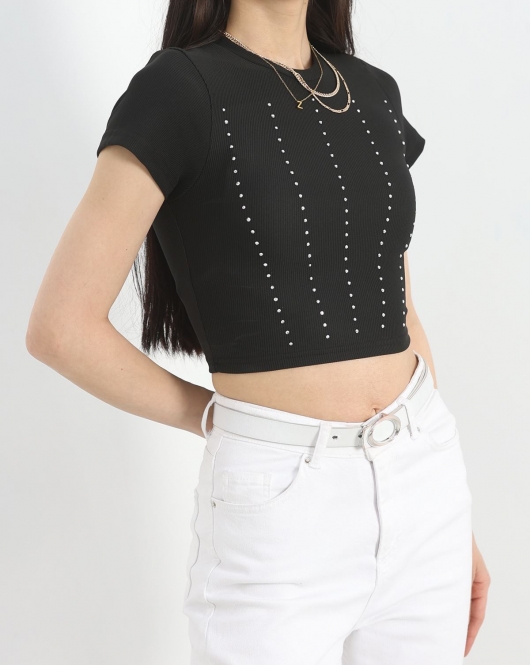 Taş Detay Ottoman Crop Body Siyah - 40525.1594.