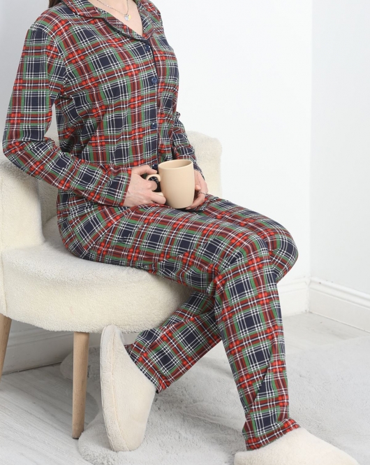 Rotasyon Düğmeli Pijama Takımı Lacivert - 50379.1902.