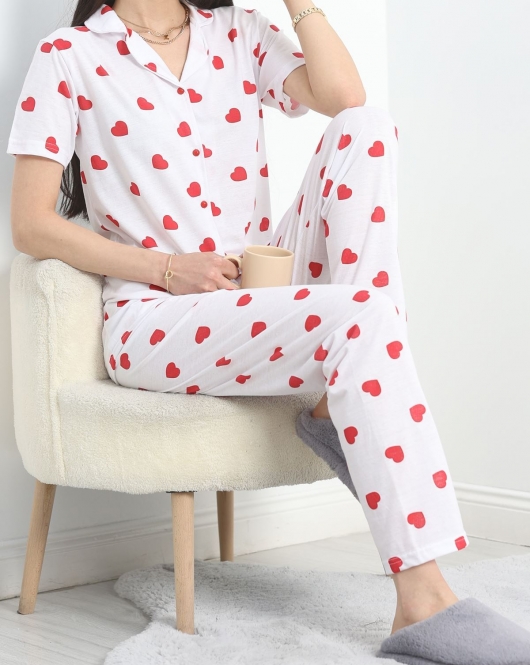 Düğmeli Süprem Pijama Takımı Beyazkırmızı - 50389.1048.