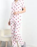 Düğmeli Süprem Pijama Takımı Beyazkırmızı - 50389.1048.