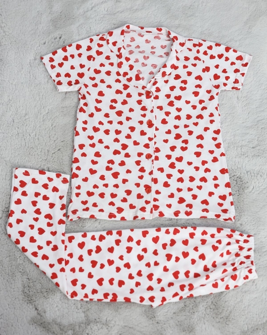 10-16 Yaş Düğmeli Süprem Pijama Takımı Kırmızıbeyaz - 50193.1857.