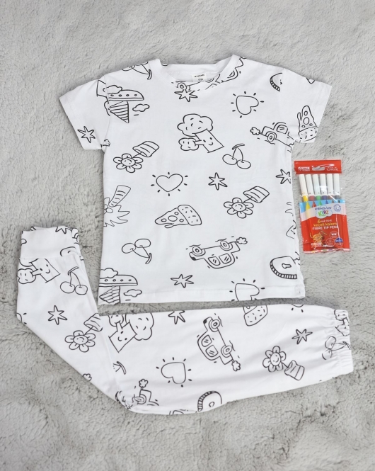 7-10 Yaş Boyanabilir Çocuk Pijama Takımı Beyaz - 70071.1952.
