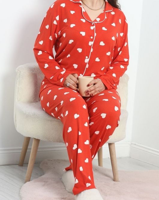 Milan Düğmeli Büyük Beden Pijama Takımı Kırmızı - 50381.1902.