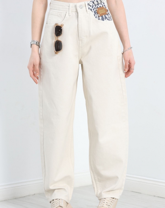 Leopar Desenli Baggy Kot Pantolon Krem - 40700.1975.