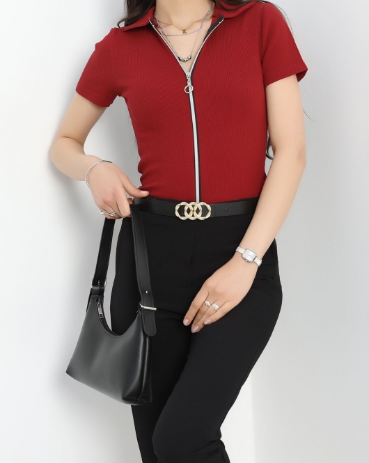 Fermuar Detay Gömlek Yaka Body Bordo - 70050.599.