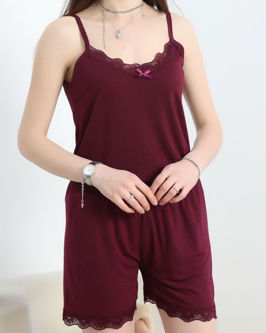 Dantelli Viskon Şortlu Pijama Takımı Mürdüm - 50387.1050.