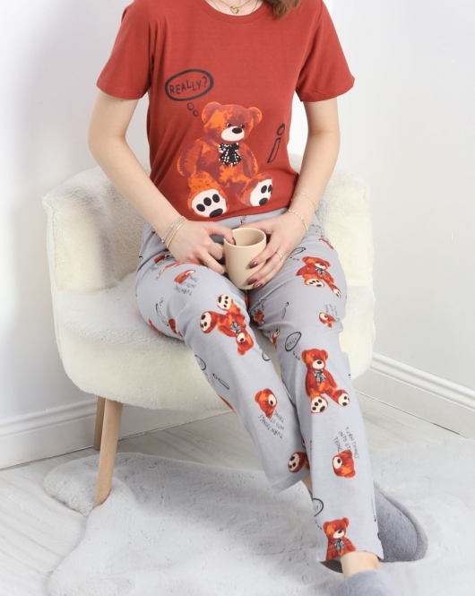 Desenli Pijama Takımı Kiremit - 18735.1567.