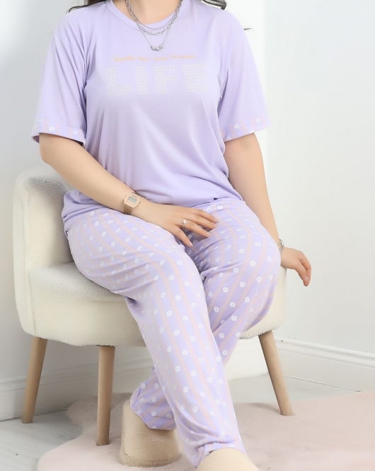 Büyük Beden Poliviskon Pijama Takımı Lila - 40640.1049.