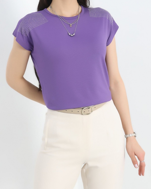 Omuzları Taş İşlemeli Bluz Lila - 20936.599.